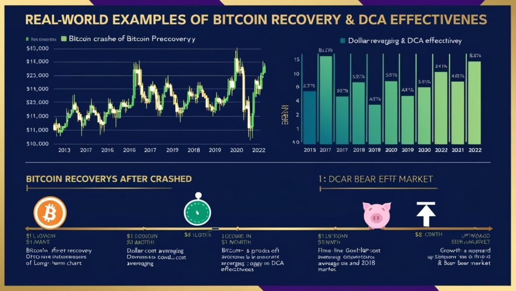 This image is explaining Real-World examples of bitcoin and DCA Effectiveness