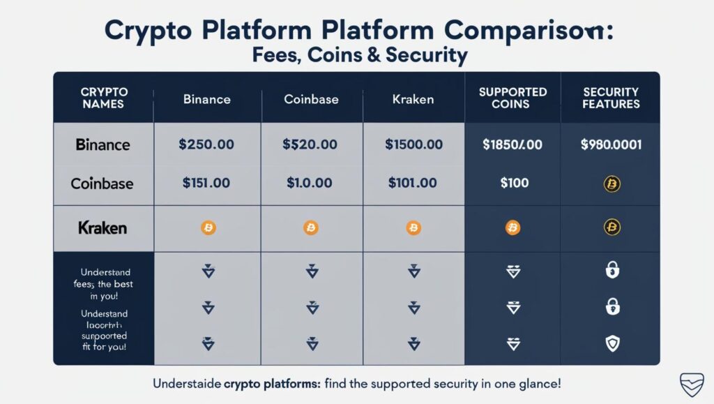 A comparison table illustrating fees, supported coins, and security features.