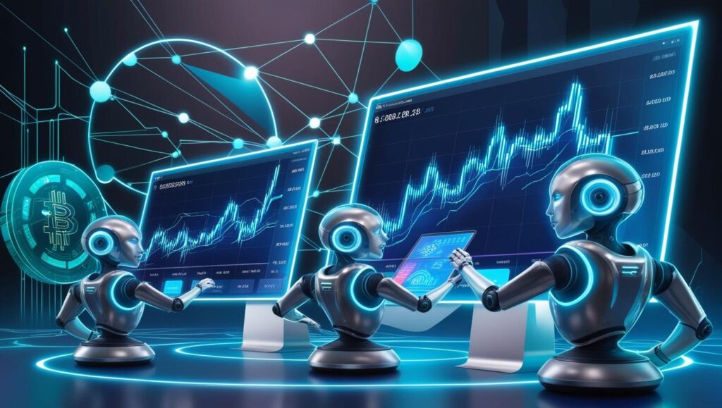 A futuristic image of AI-powered trading bots analyzing crypto charts.