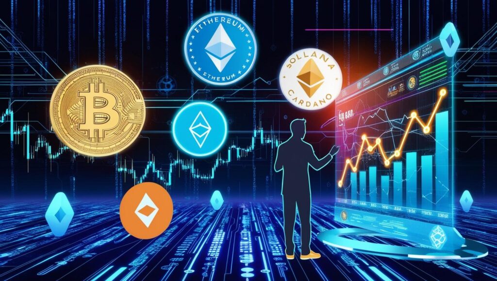 A futuristic stack of cryptocurrency coins, including Bitcoin (BTC), Ethereum (ETH), and Solana (SOL), displayed against a glowing digital financial market background with price trends.