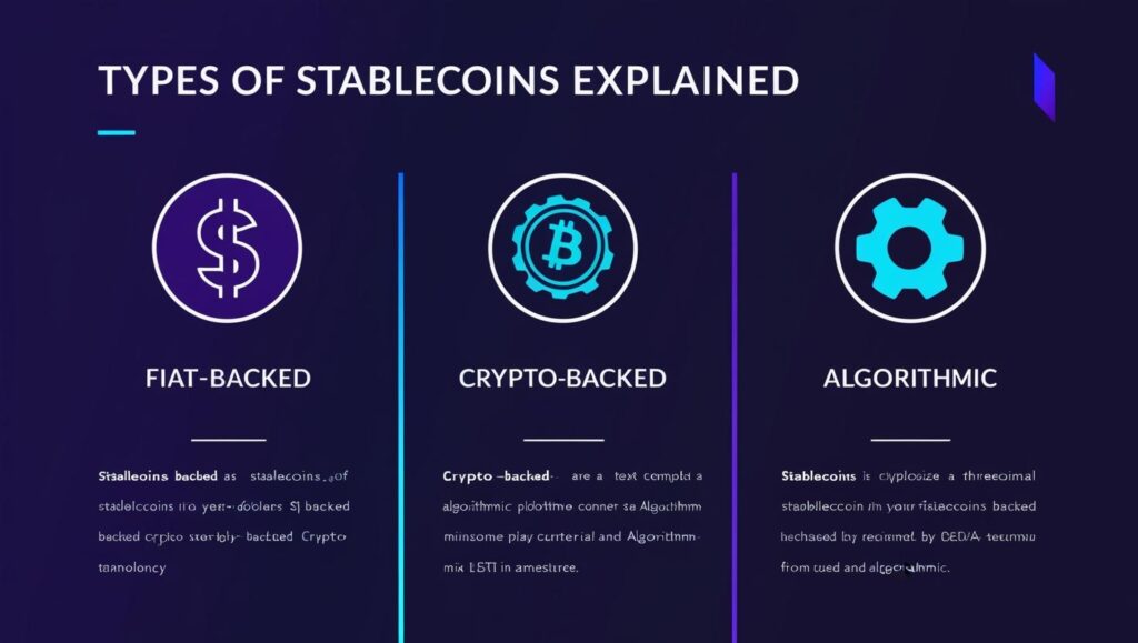 An infographic explaining the three types of stablecoins (Fiat-backed, Crypto-backed, Algorithmic).