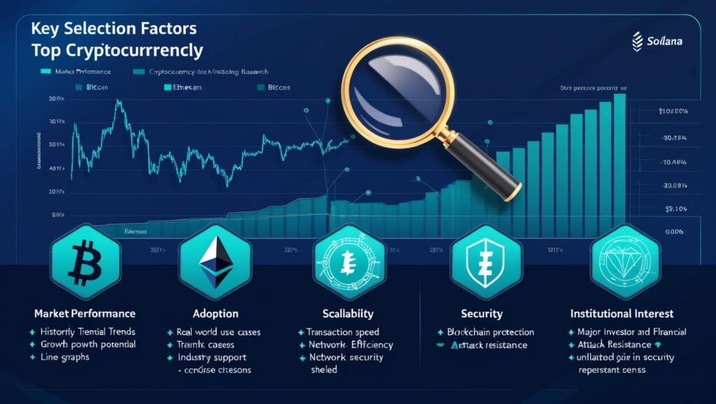 An infographic highlighting key cryptocurrency selection factors such as market performance, adoption, scalability, security, and institutional interest, with visual icons representing each factor.