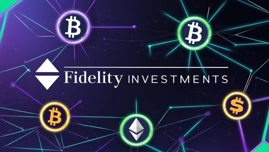 A Fidelity Investments logo with a blockchain or cryptocurrency-themed background.