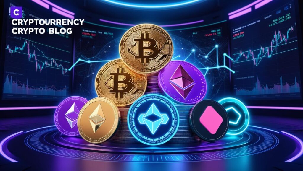 A modern digital financial screen displaying the top 10 cryptocurrencies for 2025, including Bitcoin, Ethereum, Solana, and others, with dynamic price charts in the background.