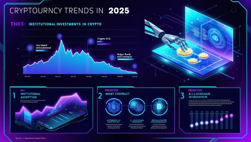 A digital graph showing the rise of institutional investments in cryptocurrencies, with upward-trending financial indicators and blockchain-related terms like DeFi, NFTs, and AI integration.