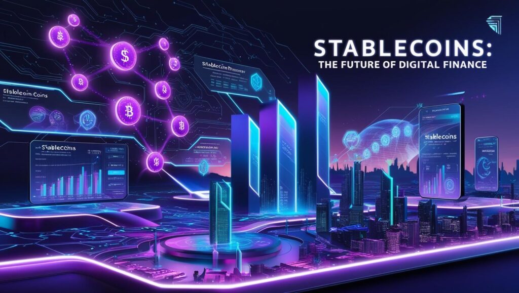 A futuristic illustration showing stablecoins as the future of finance, possibly integrated with DeFi and CBDCs.