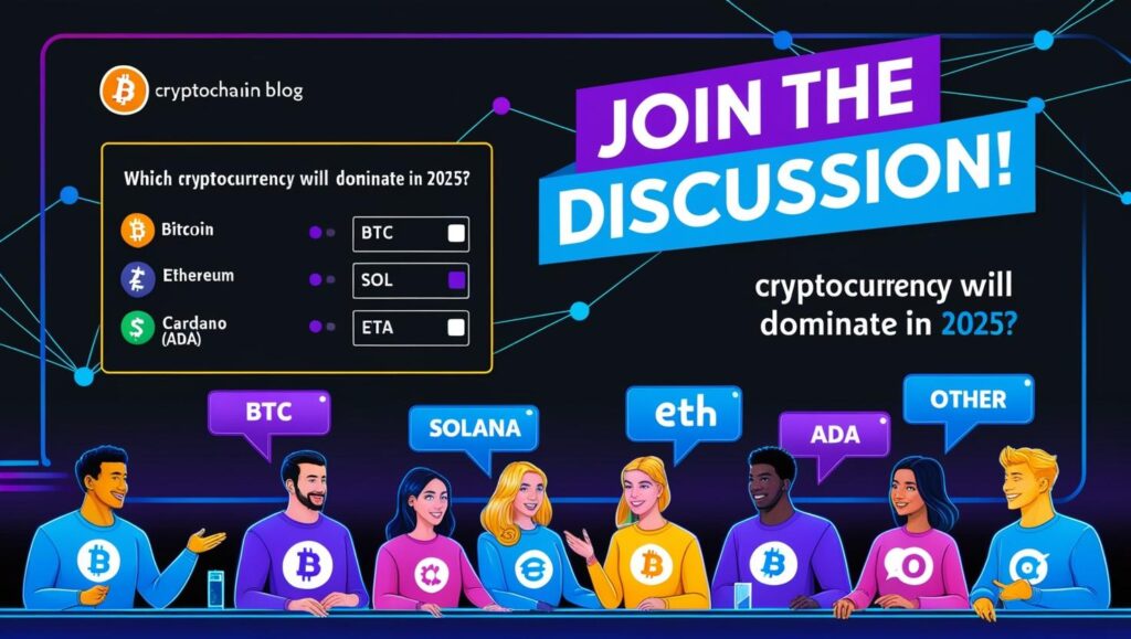 A digital poll with the question, "Which cryptocurrency will dominate in 2025?" featuring options like Bitcoin, Ethereum, Solana, and others, encouraging audience participation.