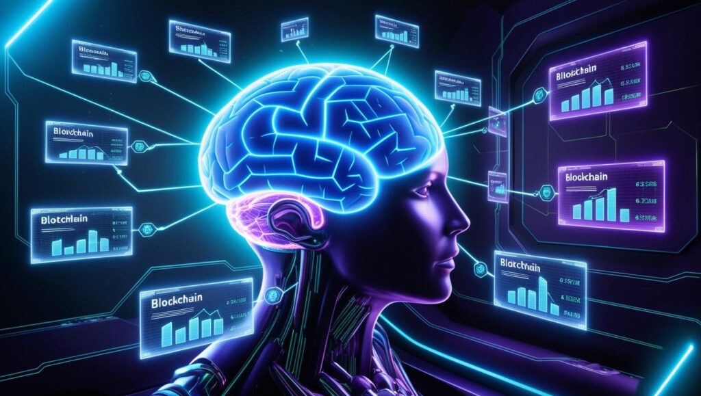 A futuristic concept image showing AI and blockchain evolution, like AI-powered smart contracts.