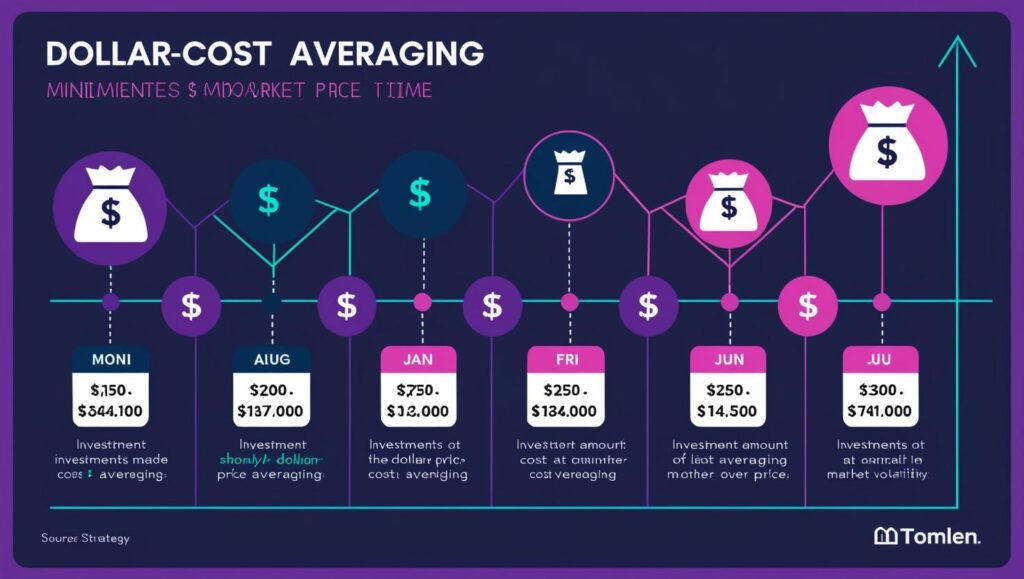Image showing a simple DCA strategy infographic showing how investments are made at different price points.