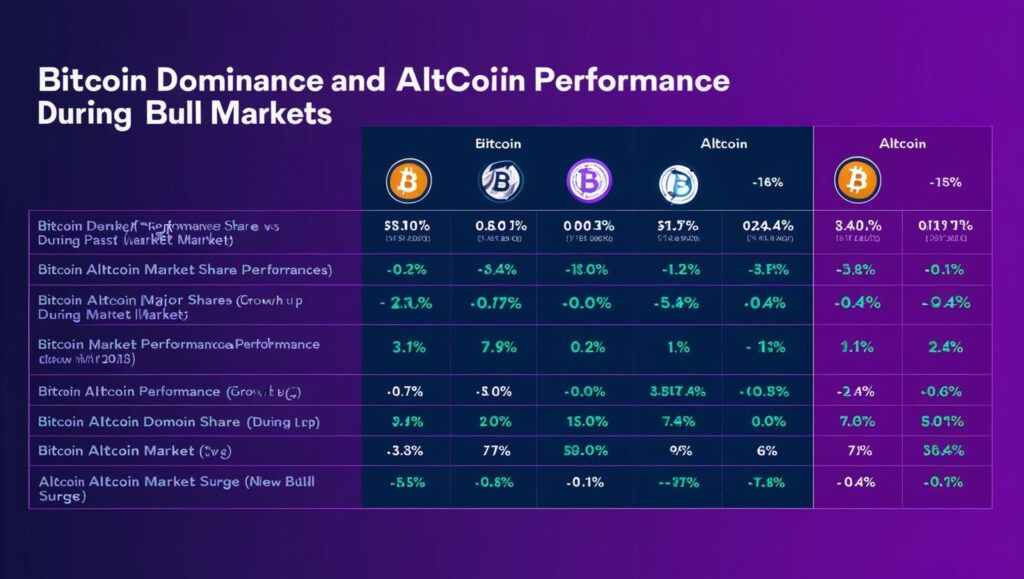 Image showing a table comparing Bitcoin dominance vs. altcoin performance during bull markets.