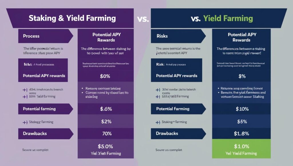 Image showing a comparison chart of staking vs. yield farming, including potential APY rewards.