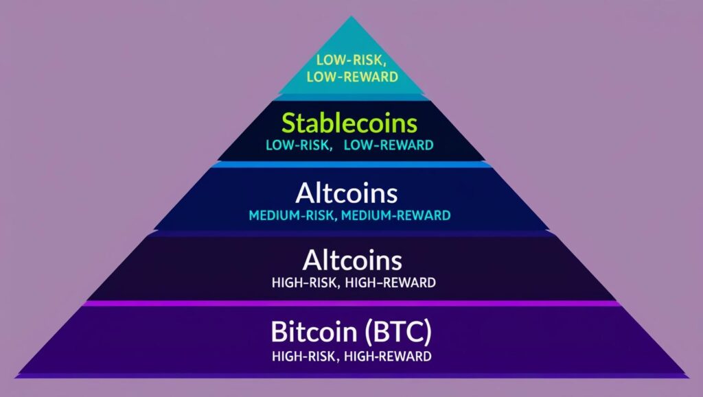 Image showing a risk management pyramid showing portfolio allocation (BTC, altcoins, stablecoins).