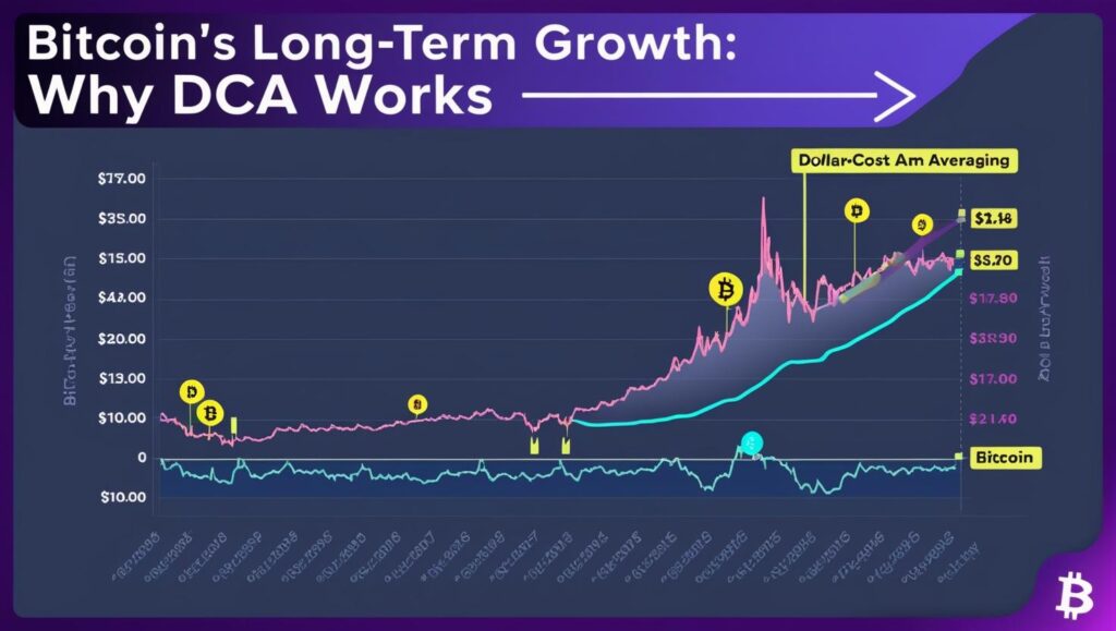 A graph showcasing Bitcoin’s long-term growth despite volatility, reinforcing the benefits of DCA.